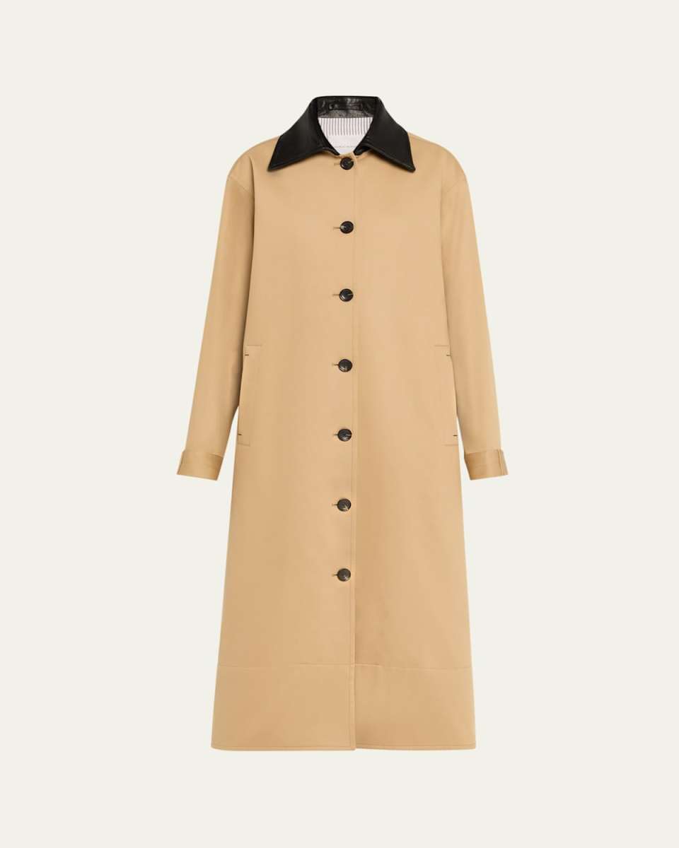 Leather-Collar A-Line Long Swing Coat